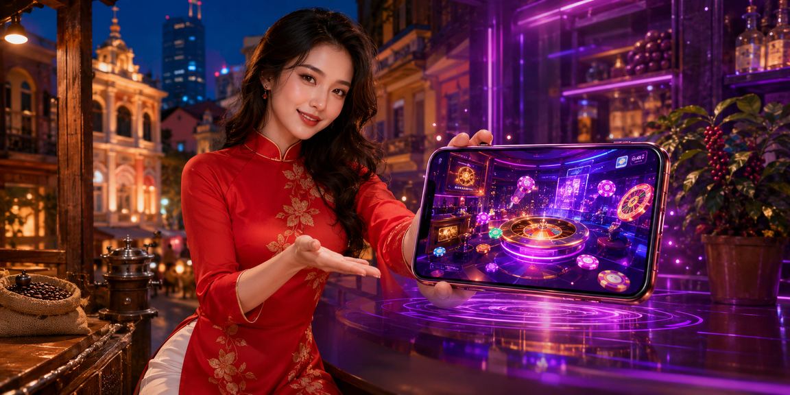 Người chơi đang trải nghiệm casino trên thiết bị di động tại Hồ Chí Minh với trang phục truyền thống